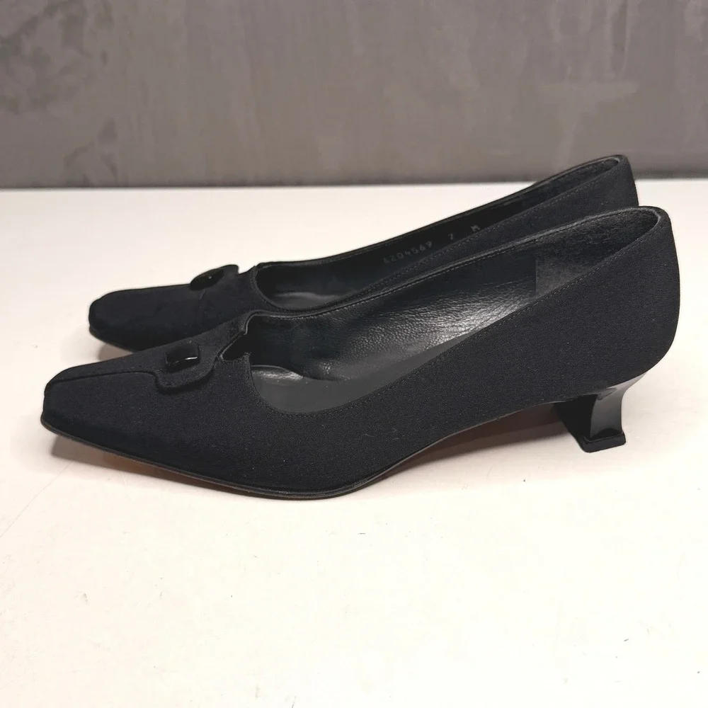Vtg Stuart Weitzman Kitten Heels Womens Sz 7‎ Black Square Toe Buckle Old Money